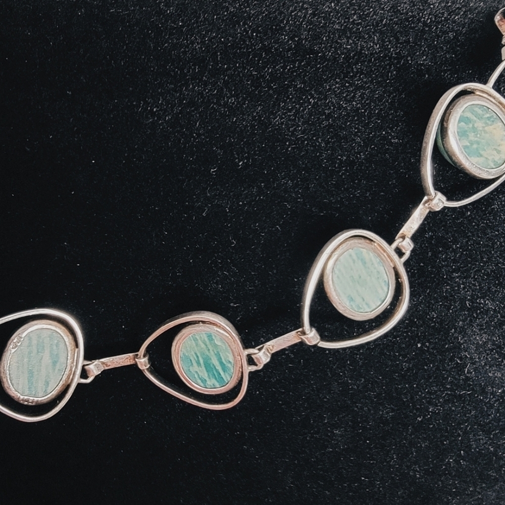 VINTAGE Sterling Silver Bracelet with Amazonite Cabachons - Picture 3 of 7